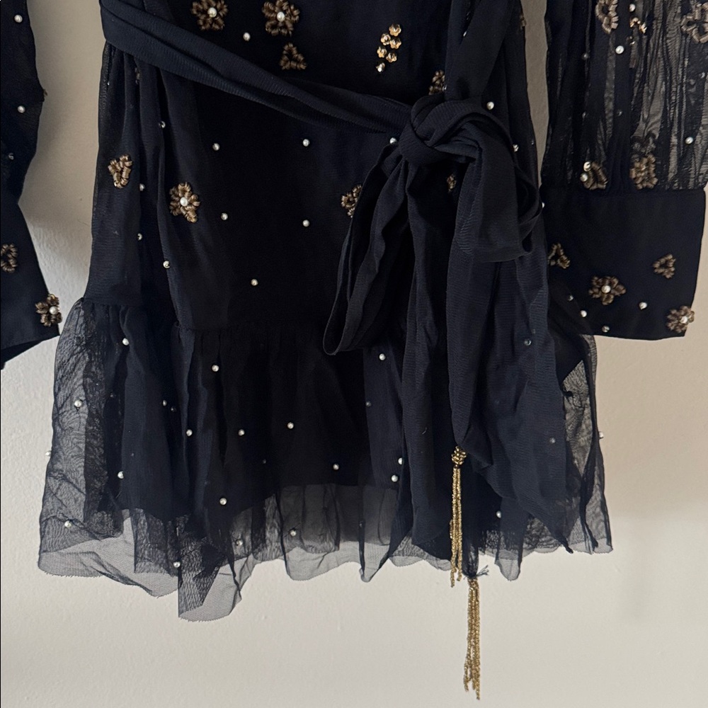 FARM RIO Black Embroidered Tulle Overlay Belted Long Sleeve Mini Dress,Small,398 - Picture 14 of 16